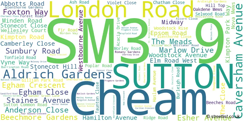A word cloud for the SM3 9 postcode